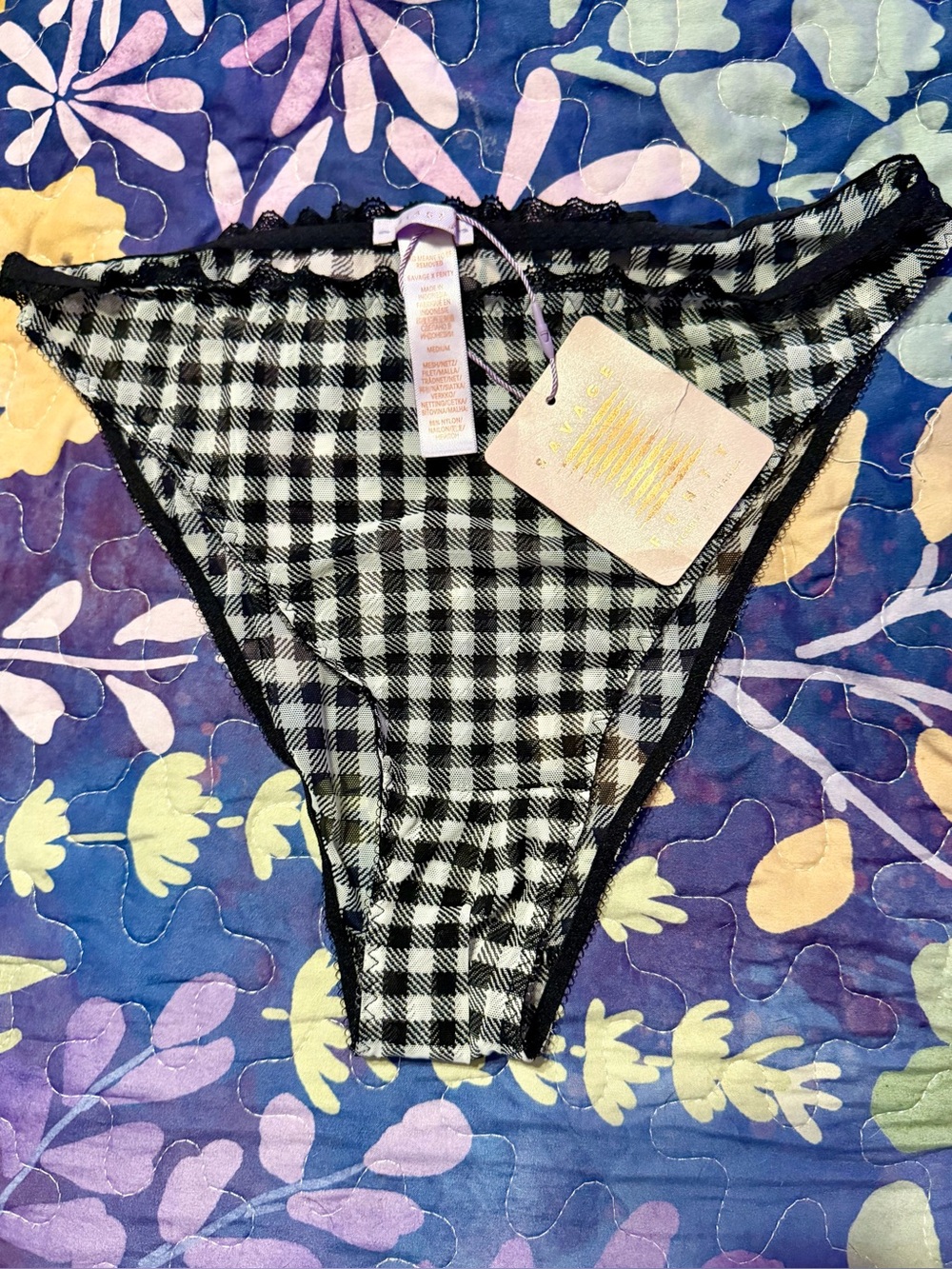 NWT Savage Fenty Black & White Gingham High Waisted crotchless panties MD